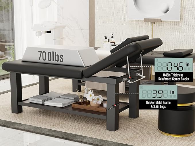 pouseayar Heavy Duty Durable Wide Stationary Massage Bed with Backrest, Professional Spa Facial Treatment Table, Metal Frame PU Leather Therapy Table(Segmented Structure)