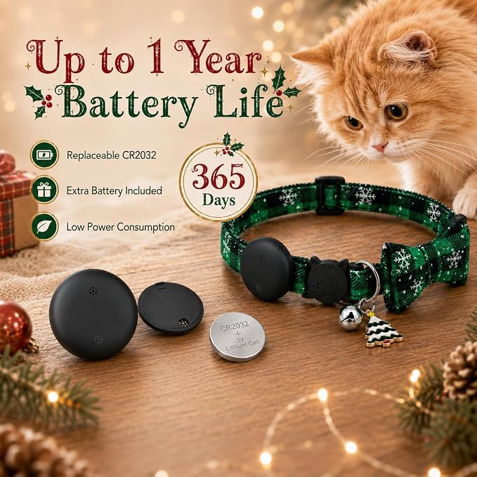 Cat Tracker GPS for Android, Pet GPS Tracker Collar for Cats No Subscription, IP67 Waterproof Cat Collar with Tracker Compatible with Google Find Hub – Replaceable 1-Year Battery, Android Only (Green)