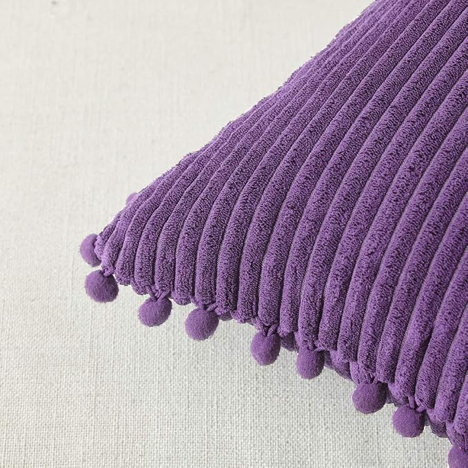 Fancy Homi Pack of 2 Boho Lumbar Decorative Throw Pillow Covers with Pom-poms, Soft Corduroy Solid Rectangle Cushion Cases Set for Living Room Couch Sofa Bedroom Car (12x24 Inch/30x60 cm, Purple)