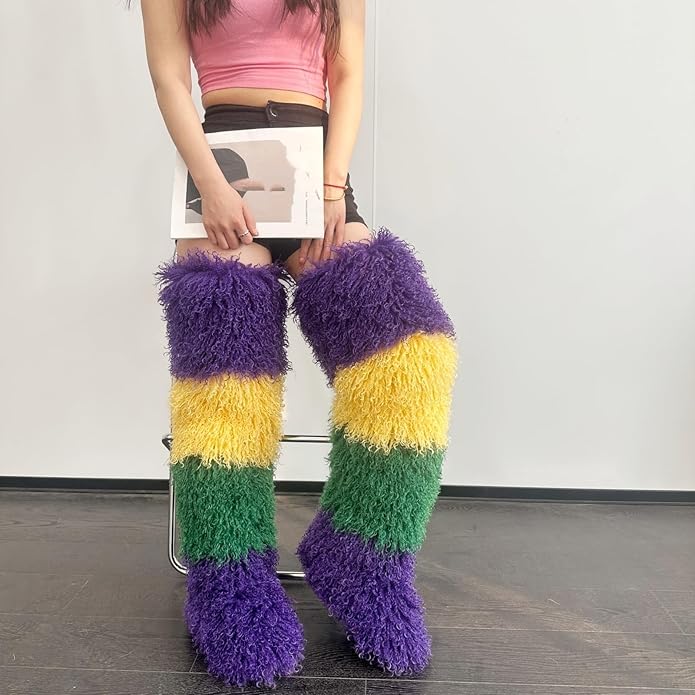SWEETHEART BEAUTY Thigh High Shagy Teddy Fur Boots, 29 Inch Over the Knee Length Fluffy High Boots, Tall Furry Shoes For Women