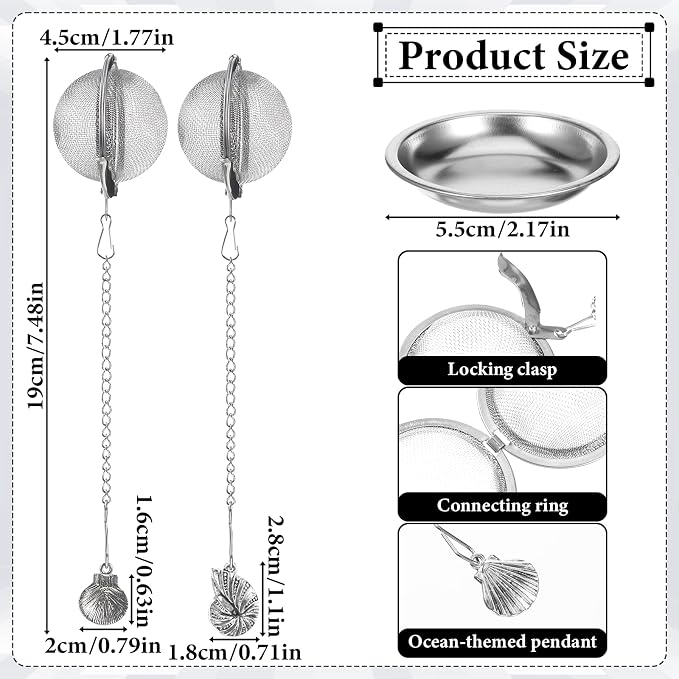 Tea Infuser Strainer Stainless Steel Loose Leaf Tea Steeper Ball with Extended Chain and Conch Seashell Charm, 2 Pack
