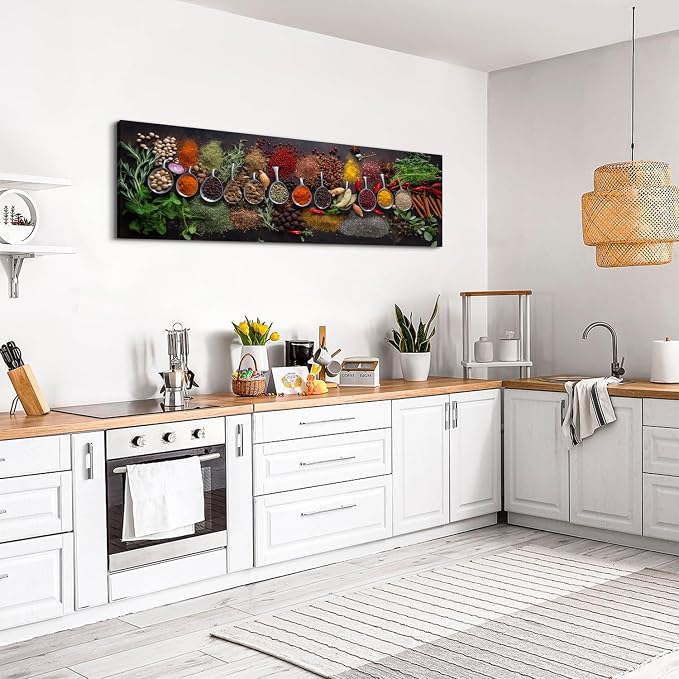 Large Colorful Kitchen Wall Art Spices Herb Food Picture for Dining Room Wall Decor Vintage Seasoning Herb Spoon Canvas Prints Poster Modern Family Bar Painting Artwork Home Decorations 14x48”