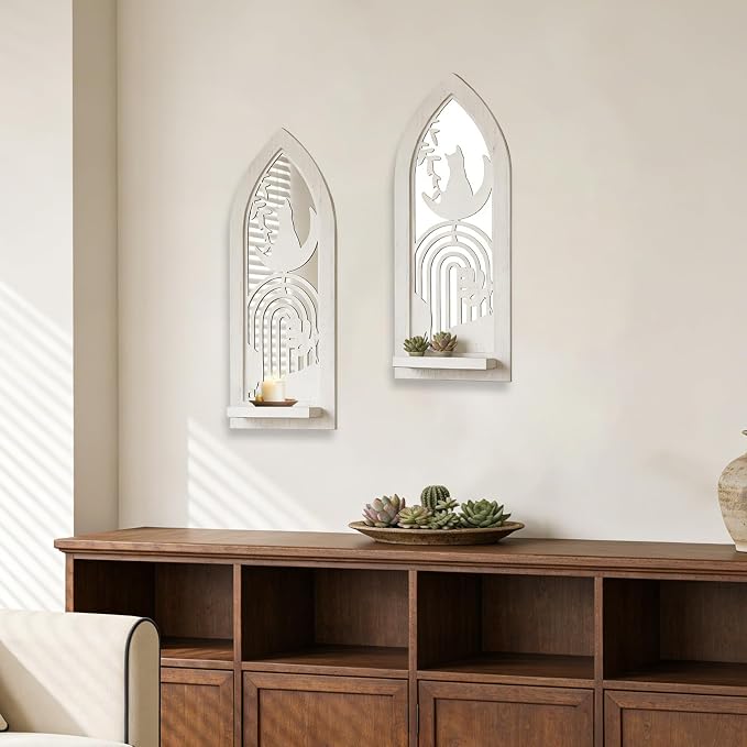 ZEXUIRU 2 Set Rustic Candle Sconces Living Room Bedroom Entryway Wood Mirrored, Farmhouse, Carved Frame Wall-Mount Wooden Candle Holders Wall Decor Hanging Handmade Holder - Distressed White
