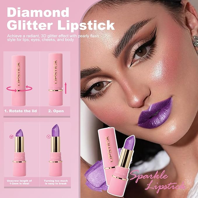 Metallic Lipstick Glitter Lip Stick Long Lasting Waterproof Shine Lip Crayon without Drying or Fading Sparkling High Pigmented Lip Stain Transfer-proof Wear Full Coverage Makeup for Women, 7