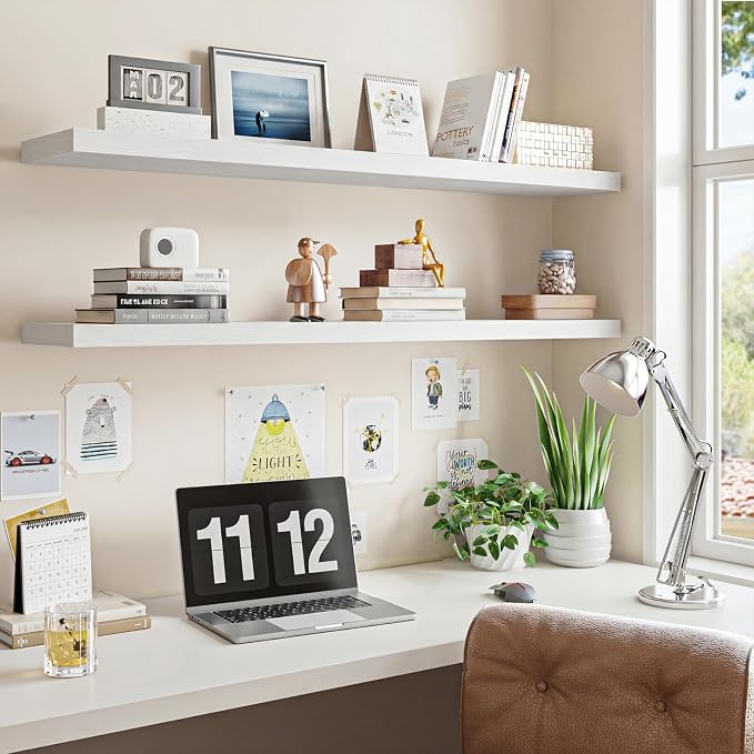 Fixwal Floating Wall Shelves for Decor (White, Set of 2, 47.2Inch) | MDF Shelf with Metal Brackets, Space Saving for Books , Decor, Fits Bathroom, Kitchen, Bedroom, or Office