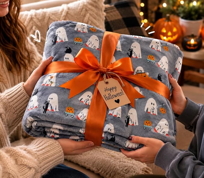 Halloween Ghost Fleece Throw Blanket, Cute Baby Ghost Party, Gray, 50x70 in | Ultra-soft cozy flannel fleece, for sofa couch bed chair & dorms, spooky Halloween décor, durable and machine washable.