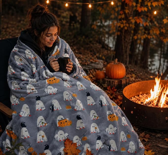 Halloween Ghost Fleece Throw Blanket, Cute Baby Ghost Party, Gray, 50x70 in | Ultra-soft cozy flannel fleece, for sofa couch bed chair & dorms, spooky Halloween décor, durable and machine washable.