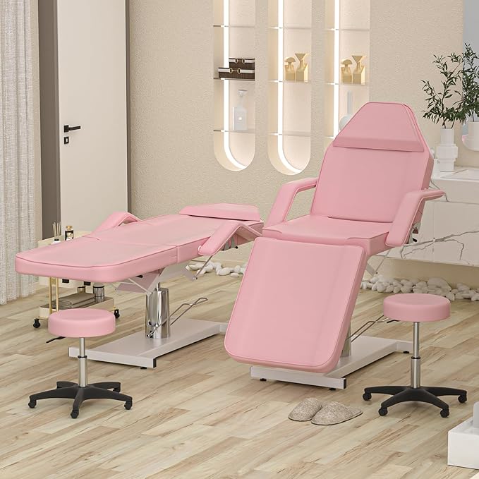 Hydraulic Pink Tattoo Chair Bed for Client Spa Bed with Stool Height Adjustable Facial Beds for Esthetician Chair Aesthetic Treatment Table