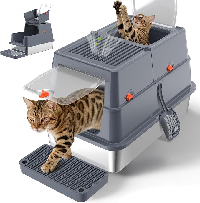 Stainless Steel Litter Box with Lid, Front Entry Top Exit Enclosed Metal Litter Box, Extra Large Flip-Top Kitty Litter Pan with Scoop & Pedal, Odor Control, Odor Free, Grey