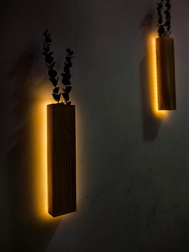 Artificial Eucalyptus with LED Lights Wall Planters Rustic Wall Decor with Lights Wall Sconces Fake Vines for Room Decor Home Bedroom Living Room Bathroom Hanging Vase (Natural)