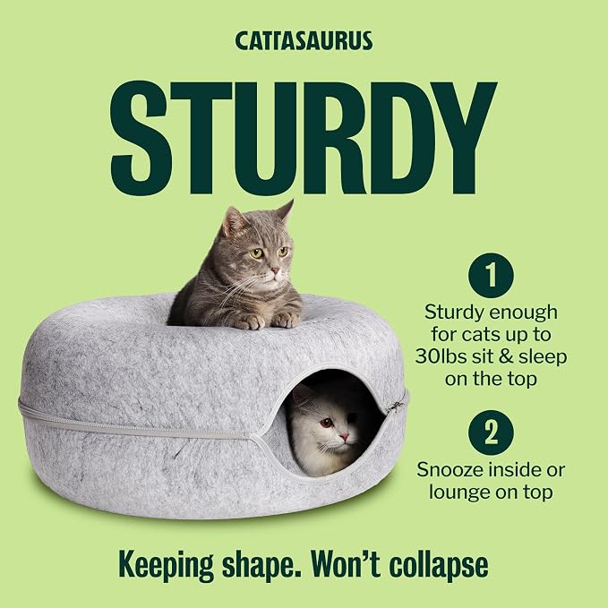 Peekaboo Cat Cave Donut for Multiple & Large Cats up to 30-45 lbs, 3-in-1 Self Warming Cat Bed, Tunnel & Scratcher for Indoor Cats, Washable & Detachable (Light Gray + Light Gray, Large)