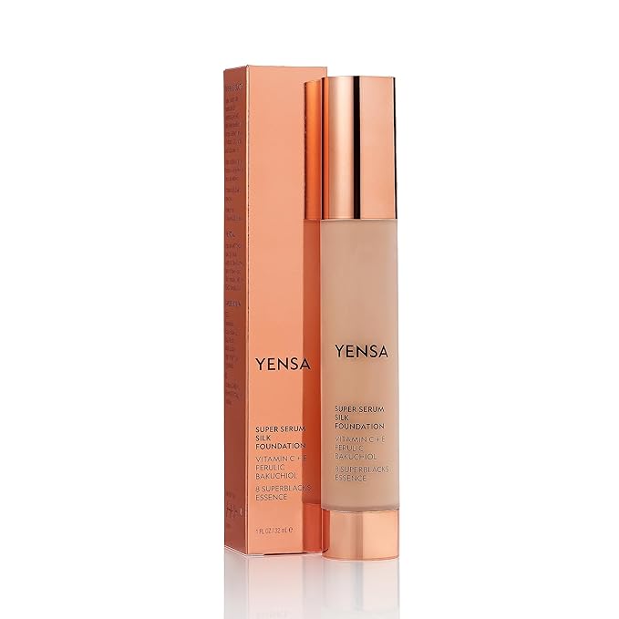 YENSA Serum Foundation Makeup - Super Silk Full Coverage Foundation Enriched with Peptides, Vitamin C & Ferulic Acid to Help Reduce Fine Lines, Wrinkles & Dark Circles - Light Medium 1 (1 oz)