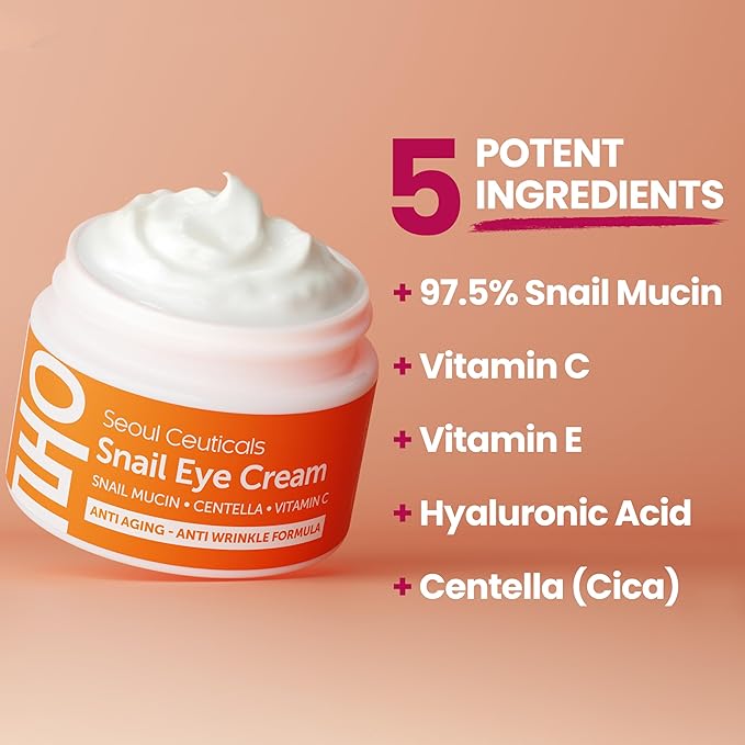 SeoulCeuticals Korean Snail Mucin Eye Cream - 97.5% Snail Filtrate K Beauty Anti Aging Under Eye Anti Wrinkle Eye Treatment Cream 0.5oz (Pack of 2)