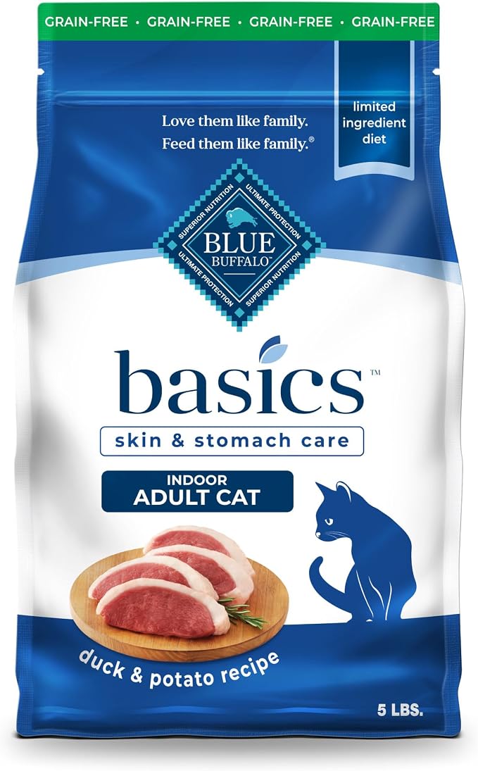 Blue Buffalo Basics Duck Grain-Free Skin & Stomach Care Dry Cat Food, 5 lb | Real Duck #1 Ingredient, Limited Ingredient Diet, Antioxidant-Rich LifeSource Bits, Skin & Coat Health