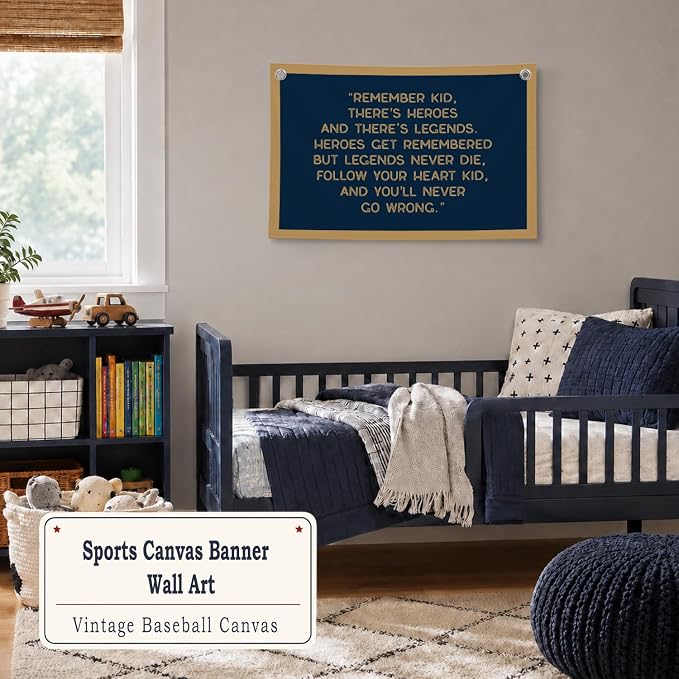 Vintage Baseball Wall Decor for Boys Room, Inspirational Sports Quote Canvas Banner, Retro Baseball Nursery Wall Art for Bedroom Playroom,Baby Shower Gifts,30x20 Inch(Bule and Brown)