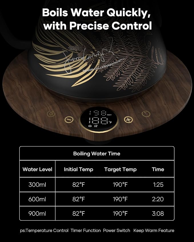 Cocinare Gooseneck Electric Kettle, ±1°F Precise Temperature Control, 1500W Fast Heating, Pour Over Coffee & Tea Kettle with Brew Timer & Keep Warm, Stainless Steel, 0.9L (Rainforest)