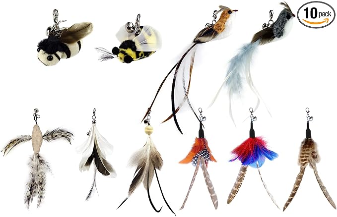 TTcat 10 Pack Cat Wand Toy Replaceable Refills, Realistic Bird Bee Insect Natural Feather Attachments with Bells, Detachable Clip-on Teaser Replacement for Cat Wand.