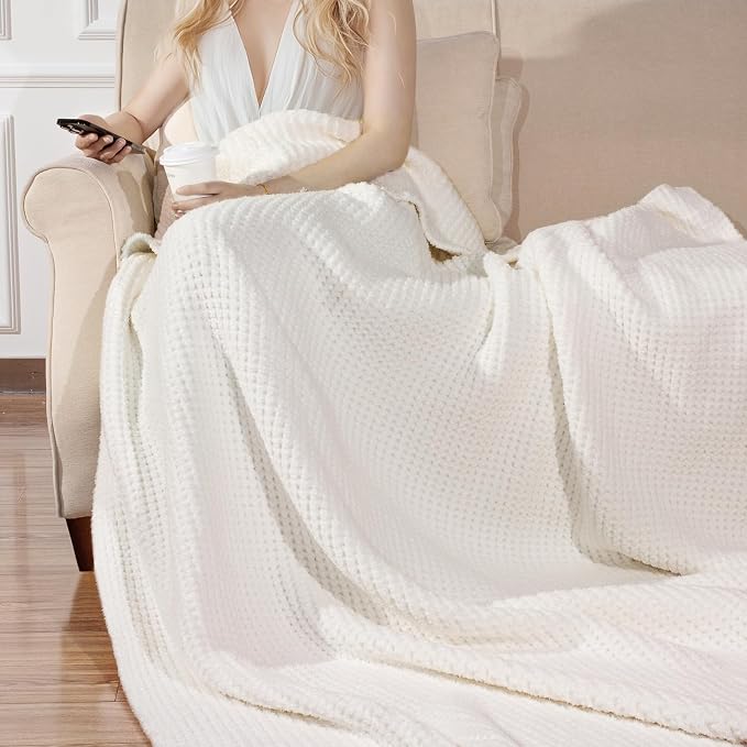 Waffle Knit Throw Blanket for Couch, Soft Cozy Chunky Knit Thick Knitted Blanket for Sofa, Bed, Gift for Women Girls Home Decor (Off White, Throw 50"x60")