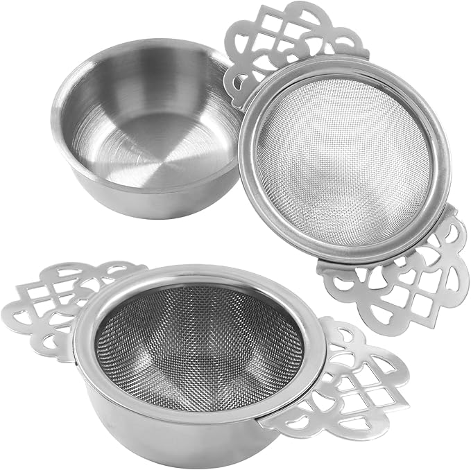 2 Pack Fine Mesh Tea Strainers with Drip Bowls, Stainless Steel Loose Leaf Tea Filter, Double Wing Handles for Mugs & Cups 2.5-4 Inch Mouth, Silver