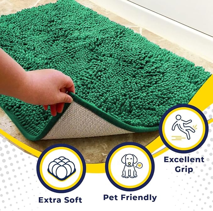 Muddy Mat® | Super Water Absorbent Door Mat Indoor, Microfiber Quick Dry Chenille Entryway Rug, Slip Resistant Front Door Mat, Indoor Mats for Entryway, Machine Washable Pet Rug, Dark Green 30"x19"