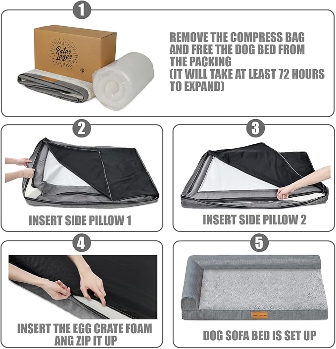 Patas Lague Orthopedic Large Dog Bed Washable Pet Sofa Bed 56X40 Dark Grey | 2-Sided Bolster Egg-Crate Foam Dog Couch Large Sized Dogs, Waterproof Removable Washable Cover, Nonskid Bottom Pet Crate Mat