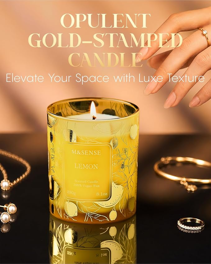 M&SENSE Lemon Soy Candle, 8.1oz Gilded Glass, Office Calming Gift | 42H Long Burn, Vegan Wax, No Toxin, Fresh Air Purifying Calming, Warmer Safe, Reusable Desk Organizer