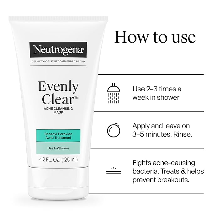 Neutrogena Evenly Clear Acne Cleansing Face Mask with 3.5% Benzoyl Peroxide Treats Breakouts & Bentonite Clay, Purifying Clay Mask Absorbs Oil to Visibly Improve the look of Skin, 4.2 fl. oz