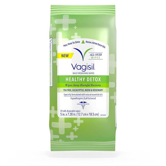 Vagisil Feminine Wash and Wipes Bundle - Healthy Detox Daily Intimate Wash, 12 Fl Oz and 20 All-Over Cleaning Wipes