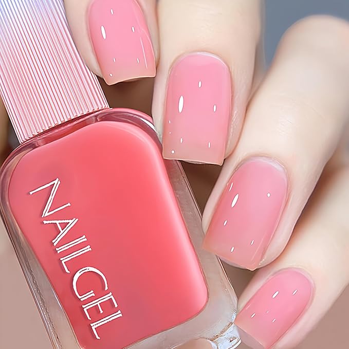 Jelly Pink Nail Polish 12ML, Sheer Translucent Pink Quick Dry, Air Dry Glossy Finish, No UV Lamp Needed for Women Girls