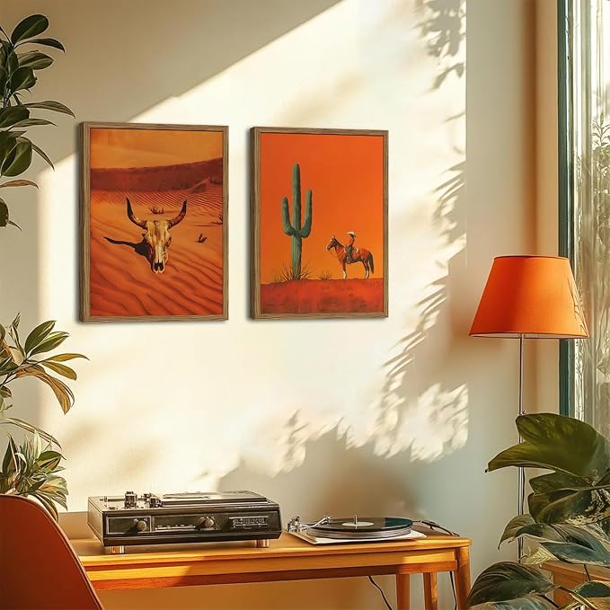 Framed Western Cowboy Canvas Wall Art Set of 3, Vintage Desert Cactus Pictures Wall Decor, Longhorn Bull Skull Paintings Prints Southwestern Home Decor for Living Room Bedroom 12x16 inch