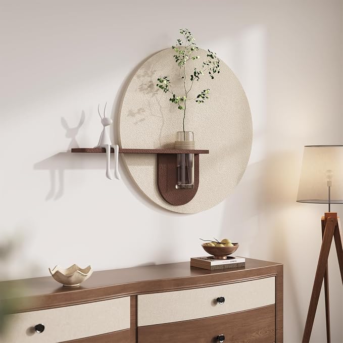3D Textured Neutral Round Wall Art with Vase, Modern Minimalist Painting Artwork for Walls, Cream Geometric Circle Picture Wall Decor for Living Room, Hallway, Dining Room, Bedroom, Office, 24x31 Inch