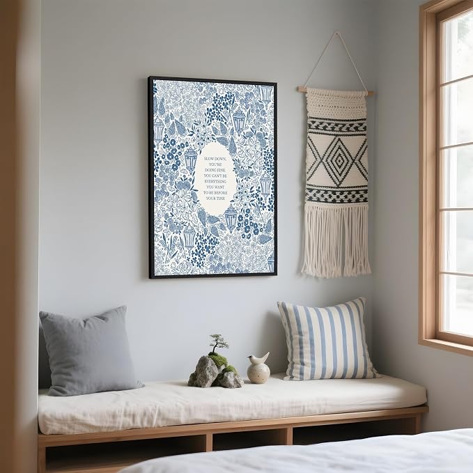Framed Slow Down Youre Doing Fine Motivational Wall Art Music Quote Posters | Blue Inspirational Song Lyric Canvas Print Vintage Aesthetic Positive Affirmation Daily Reminder Office Home Decor 16x24inch