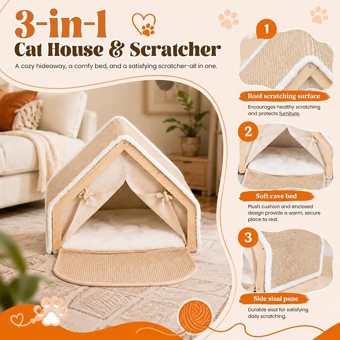 SATINIOR Cat Houses for Indoor Cats with Scratcher Board, Sturdy Wood Frame Cat Bed Cave with Curtains and Floor Scratching Pad Rug, Protect Couch and Carpets