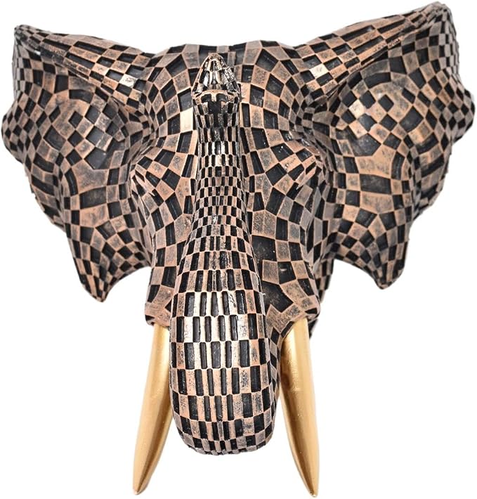 GIGICICI 9x7.8-Inch Vintage Mosaic Elephant Head Wall Sculpture Art Mount Statue for Room Bedroom Office Living Decor(Brown)