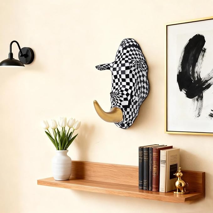GIGICICI 9.2x4.7-Inch Vintage Mosaic Rhino Head Wall Sculpture Art Mount Statue for Room Bedroom Office Living Decor(Black White)