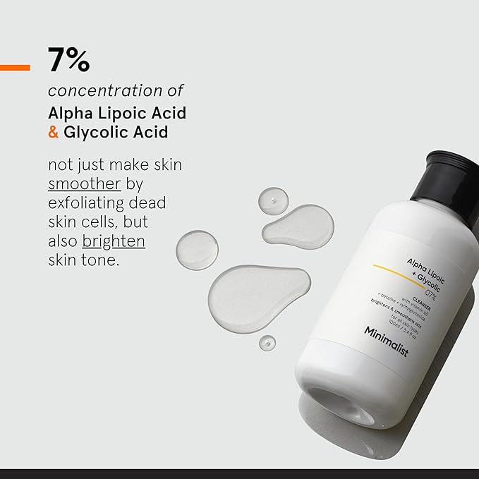 Minimalist ALA & AHA 7% Cleanser for Brightening, Exfoliating, Glow & Even Tone | With Vitamin B5 For Hydration & Glycolic Acid For Exfoliation | 3.4 Fl Oz / 100 ml