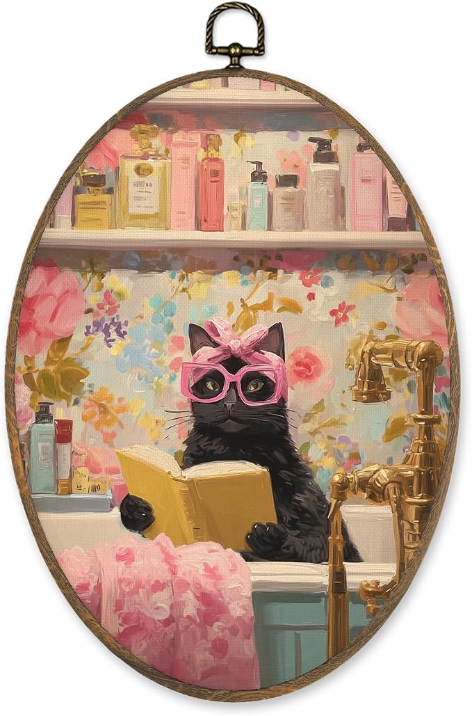 LKETW Funny Black Cat Bathroom Oval Wall Art Decor, Cat Bathroom Oval Canvas Hanging Decor, Eclectic Kitten Reading in Bathtub Wall Decorations for Washroom Restroom Toilet, 8.6x11.4 Inch