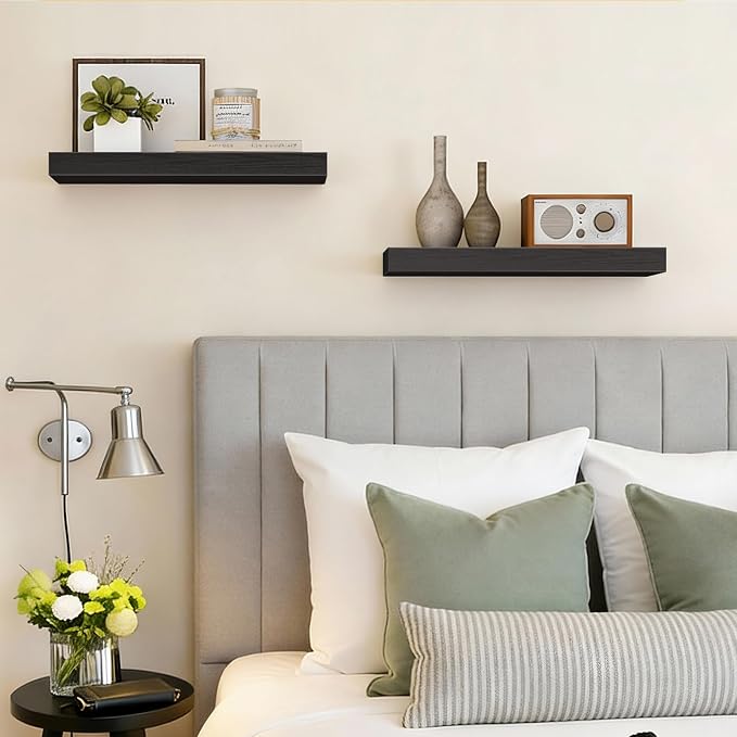 Fixwal Floating Shelves for Wall Decor (Black, Set of 2, 15.7 Inch) | MDF Shelves with Metal Brackets, Space Saving for Books, Decor, Works in Bathroom, Kitchen, Living Room, Bedroom