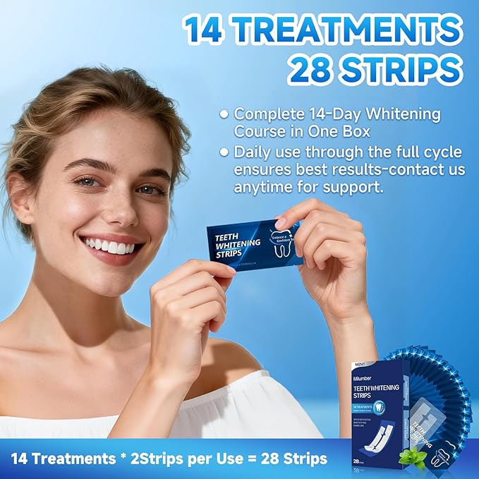 Milumber Teeth Whitening Strips for Sensitive, 28 Strips Whitener Safe Whitestrip, Deep Stains Removal Tooth Whitening, Enamel Safe Non-Slip Dry Strip Technology for Whiter Teeth, Mint