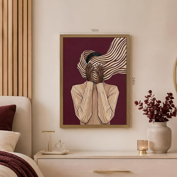 VziizV African American Woman Wall Art, Abstract Modern Portrait Canvas Print, Minimalist Striped Fashion Artwork, Contemporary Black Woman Decor for Living Room Bedroom Wood Framed 12x16 Inch