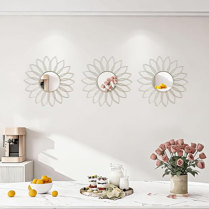 3 Pack Metal Mirrors for Wall Sunburst Wall Mirrors Home Décor Decorative Hanging Wall Art for Living Room Bedroom Entryway (Silver2, Flowers)