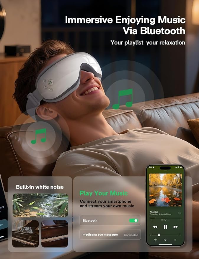 Medisana Eye Massager with Heat, 30dB Ultra-Quiet Eye Massager & Bluetooth Music Eye Massage Mask for Eye Strain Relief, Eye Mask Massager to Reduce Stye, Birthday Christmax Gifts for Women/Men