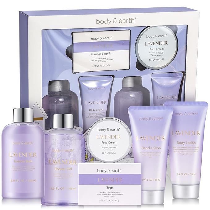 BODY & EARTH Bath and Body Gift Set - 6 Pcs Lavender Bath Kit for Women Spa Set, Birthday, Mother's Day Gift Set for Women Includes Bubble Bath, Shower Gel, Body Lotion