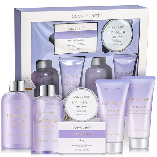 BODY & EARTH Bath and Body Gift Set - 6 Pcs Lavender Bath Kit for Women Spa Set, Birthday, Mother's Day Gift Set for Women Includes Bubble Bath, Shower Gel, Body Lotion