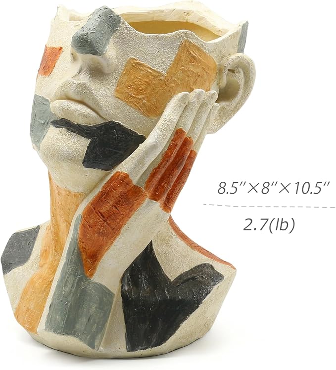 Lukitas Abstract Face Planter, Faux Sandstone Decorative Vase, Resin 10.5'' | Colorful Artistic Flower Plant Pot for Garden Patio Living Room Desk Shelf Decor
