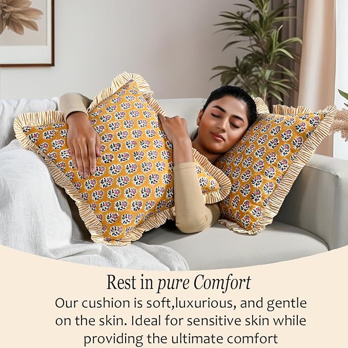 CPC Yellow Citrine Ruffle Throw Pillow Covers for Couch, 18x18 Inch Cotton Stripe Ruffle Couch Pillows for Living Room, Hidden 14 Inch Zipper Boho Pillow Case or Cute Outdoor Ruffle Pillows