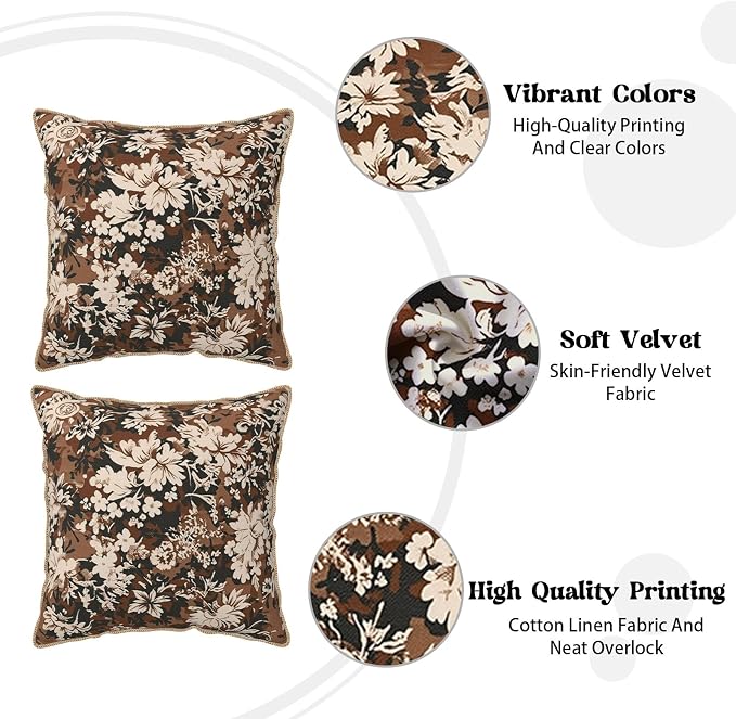 Vintage Brown Cream Floral Velvet Pillow Covers 20x20 Inch Tapestry Neutral Flowers Throw Pillows for Couch Cushion Covers Pillowcase Boho Farmhouse Pillow Cases for Sofa Bed Bedroom