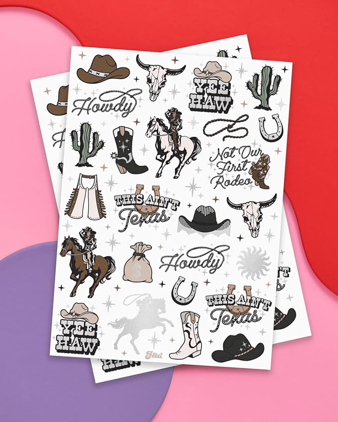 xo, Fetti Western Birthday Party Temporary Tattoos - 50 Silver Foil Pcs | Birthday Girl Accessory, Rodeo Cowgirl Bachelorette Party Decorations, Hoedown Accessory, Country Theme Party Supplies