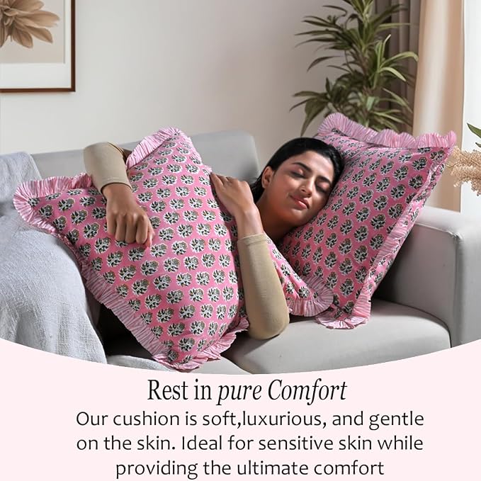CPC Poppy Pink Ruffle Throw Pillow Covers for Couch, 18x18 Inch Cotton Stripe Ruffle Couch Pillows for Living Room, Hidden 14 Inch Zipper Boho Pillow Case or Cute Outdoor Pillows