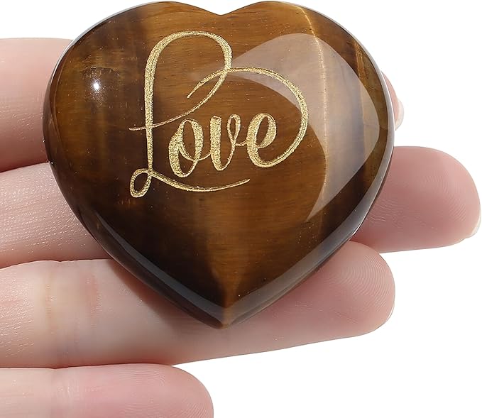 ZHIYUXI 45mm Tigers Eye Engraved Heart Stones Heart Gift Gemstones Heart Shaped Rocks Polished Tigers Eye Stones Mental Health Gifts Gem Meditation Spiritual Gifts for Men Reiki